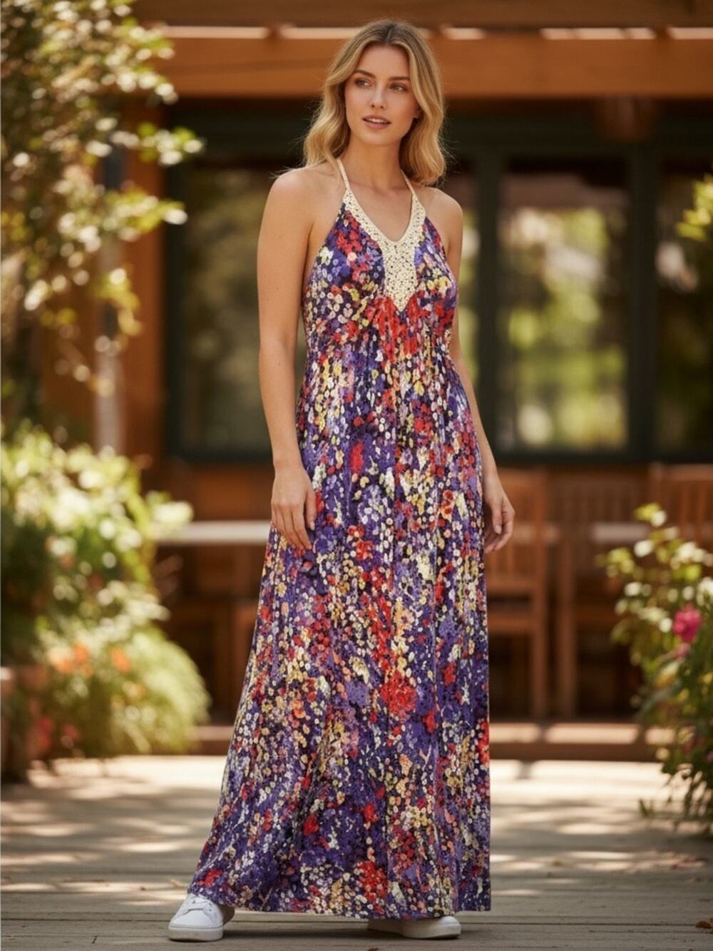 ELLE Women’s Small Watercolor Maxi Dress Halter Neckline Boho Gypsy Festival